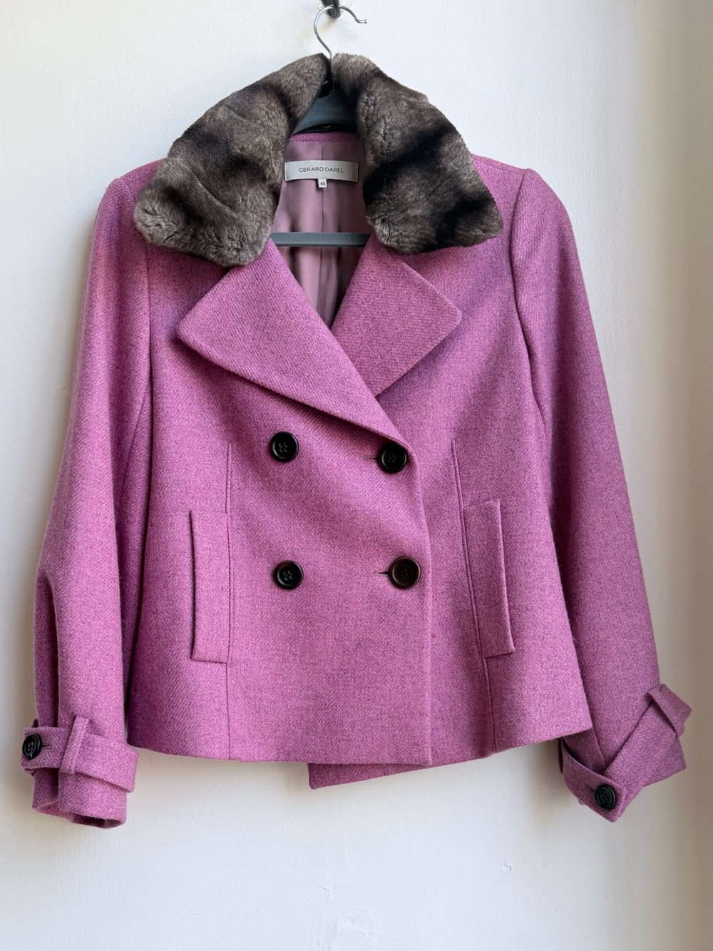 Gerard Darel Pink 100% Lambswool Double Breasted Pea Coat Jacket Size 40 Pink